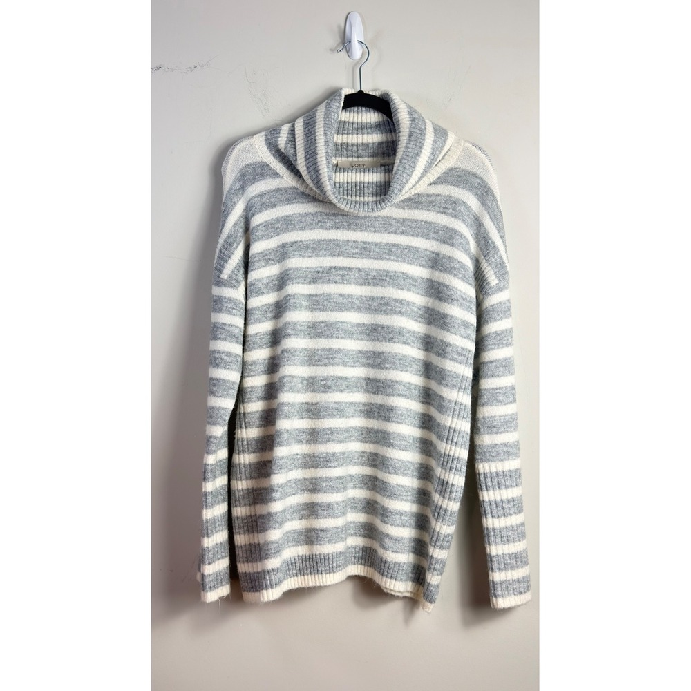 LOFT Sweater Grey White Striped Cowl Neck Knit Women Medium